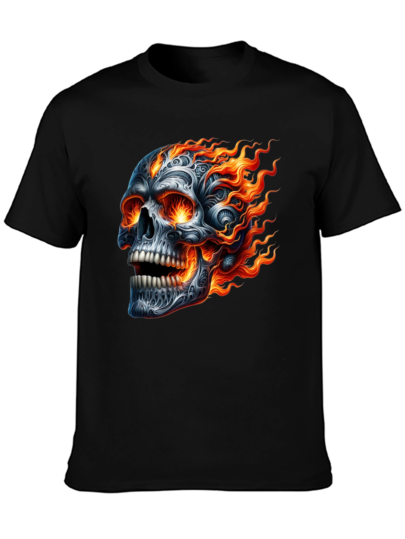 Flaming Skull Graphic Tee - Black Cotton T-Shirt