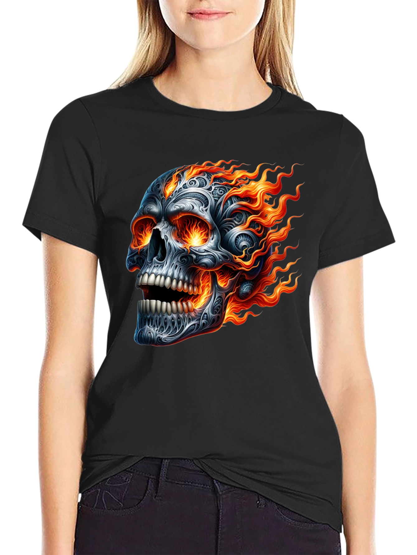 Flaming Skull Graphic Tee - Black Cotton T-Shirt