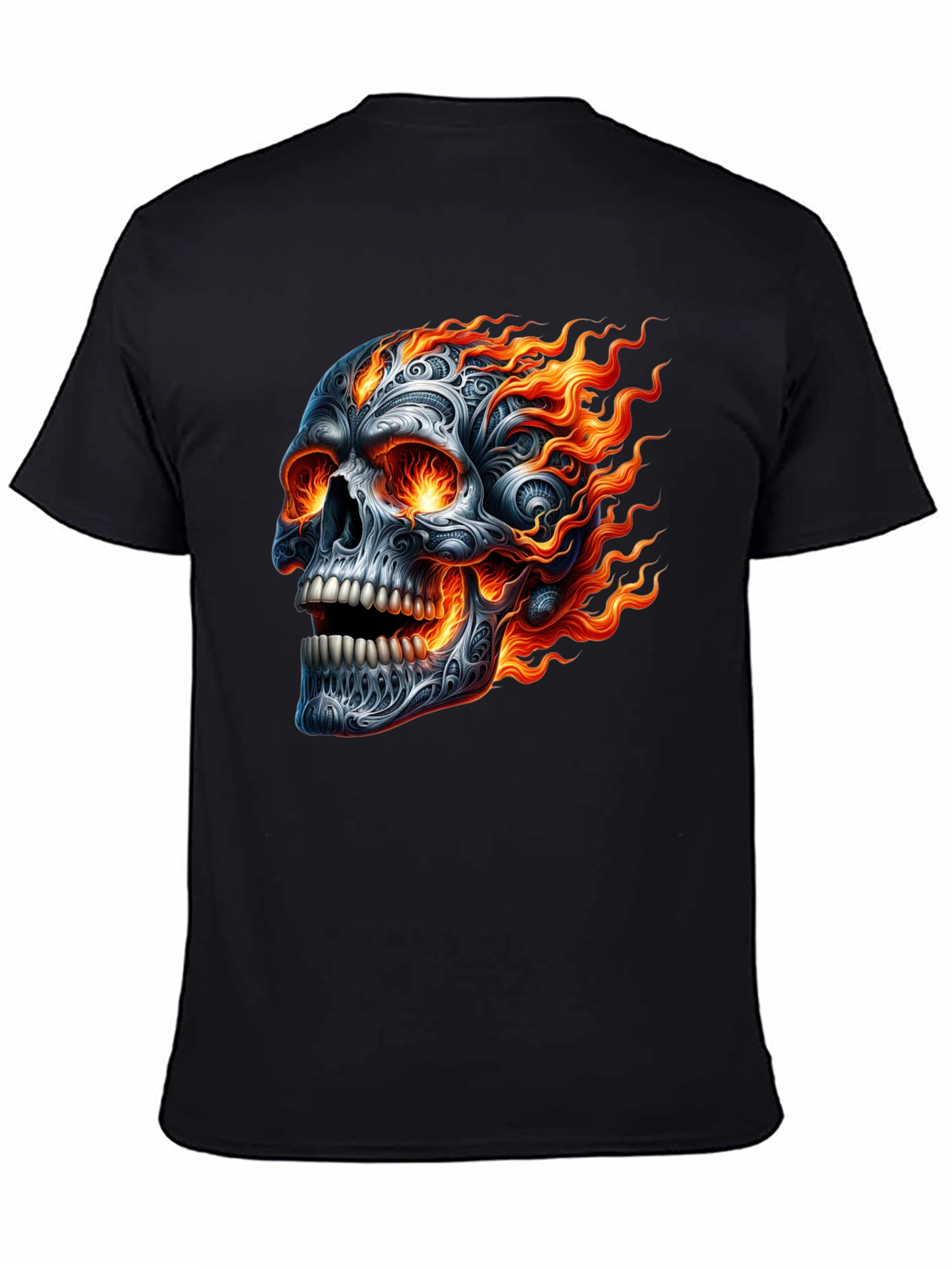 Flaming Skull Graphic Tee - Black Cotton T-Shirt