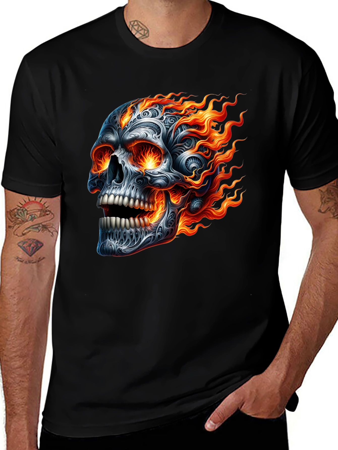 Flaming Skull Graphic Tee - Black Cotton T-Shirt