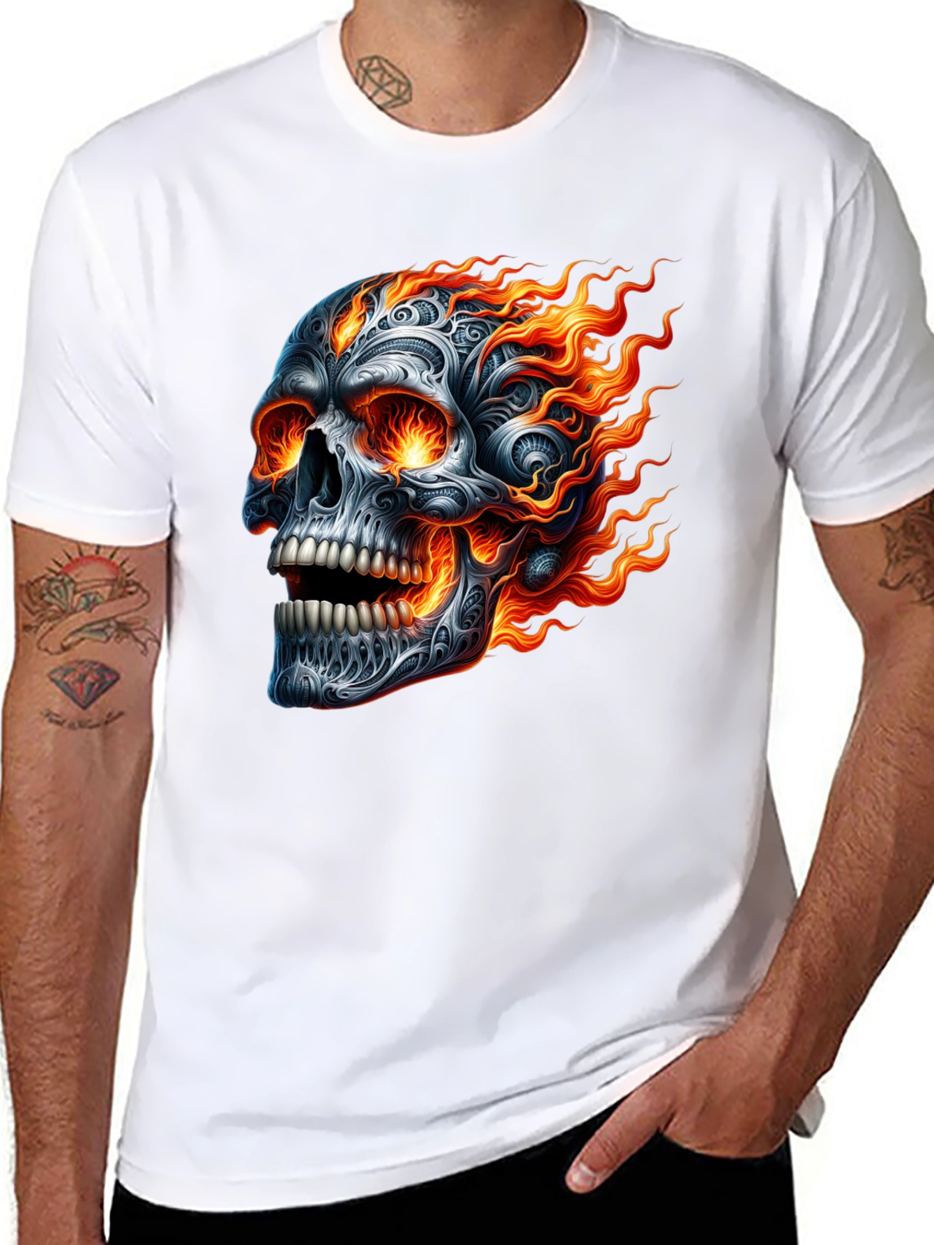 Flaming Skull Graphic Tee - Black Cotton T-Shirt