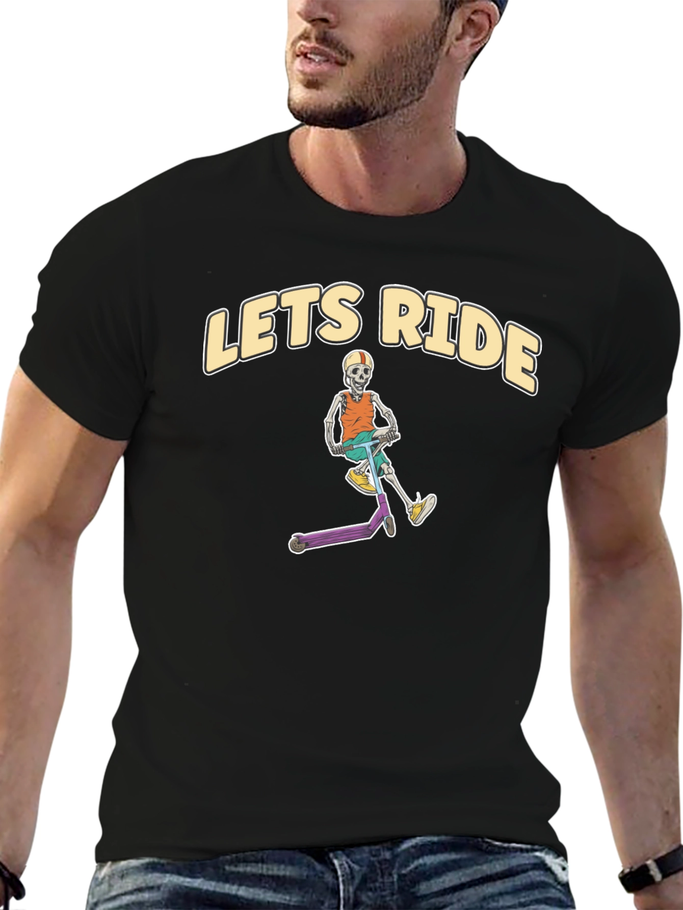 Lets Ride Skeleton Scooter Black T-Shirt