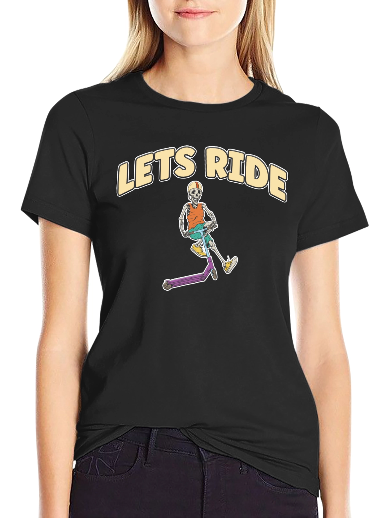 Lets Ride Skeleton Scooter Black T-Shirt