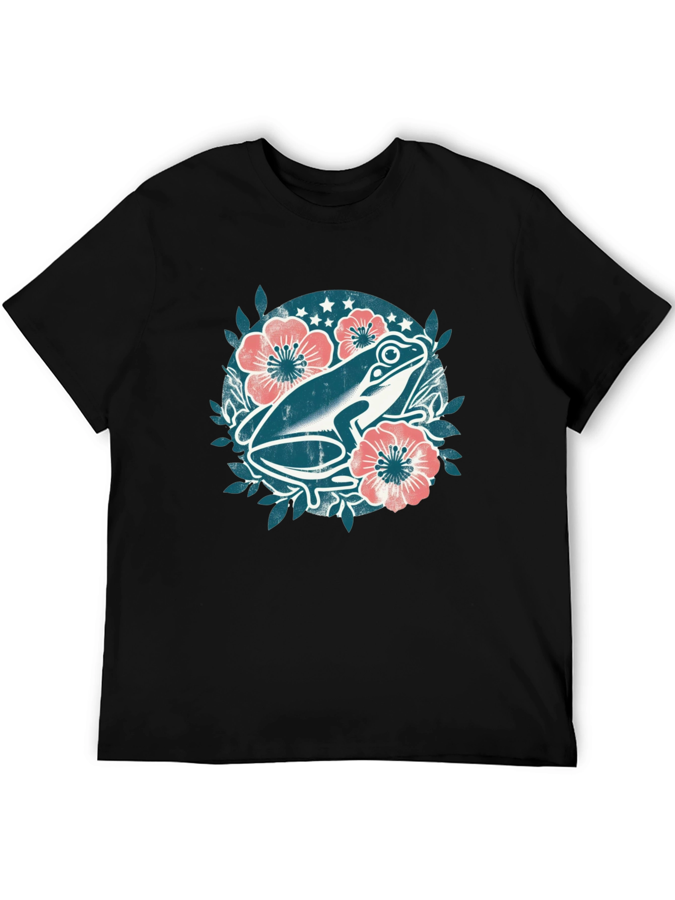 Frog Floral Graphic Tee - Black Cotton T-Shirt