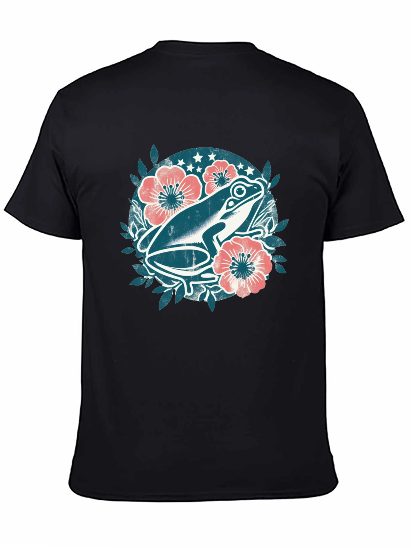 Frog Floral Graphic Tee - Black Cotton T-Shirt