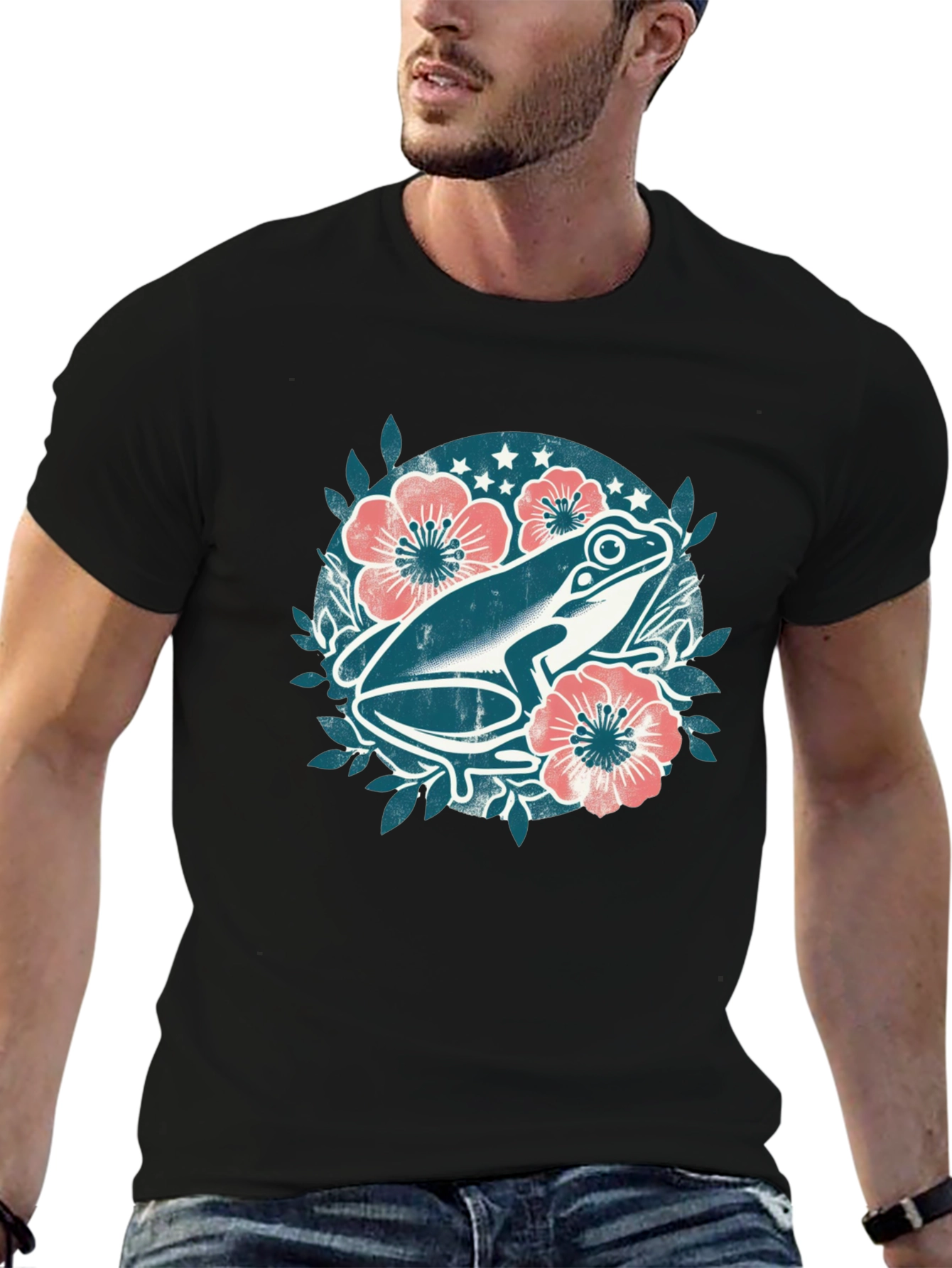 Frog Floral Graphic Tee - Black Cotton T-Shirt