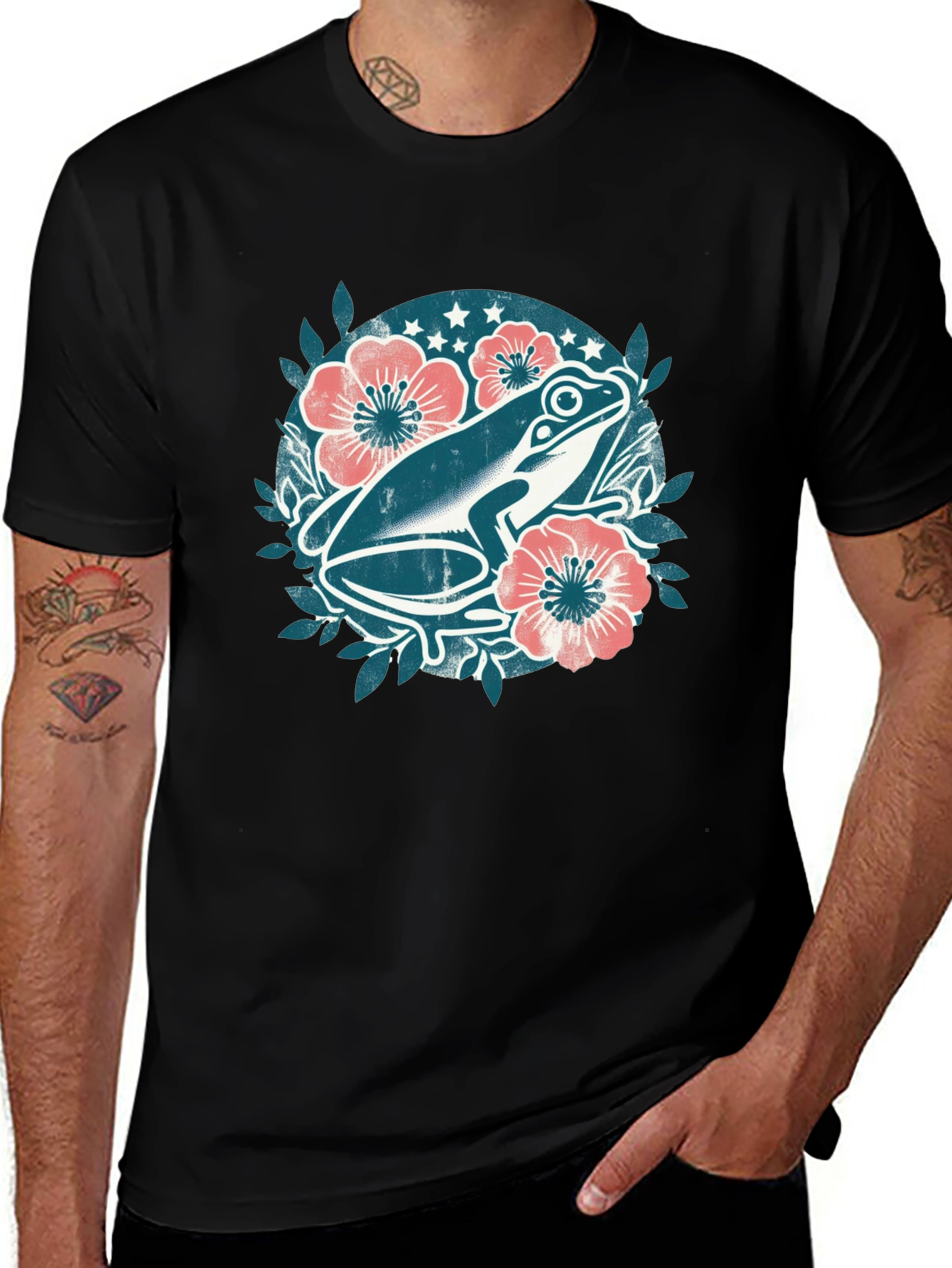 Frog Floral Graphic Tee - Black Cotton T-Shirt