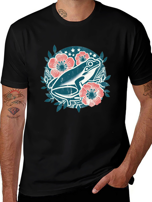Frog Floral Graphic Tee - Black Cotton T-Shirt