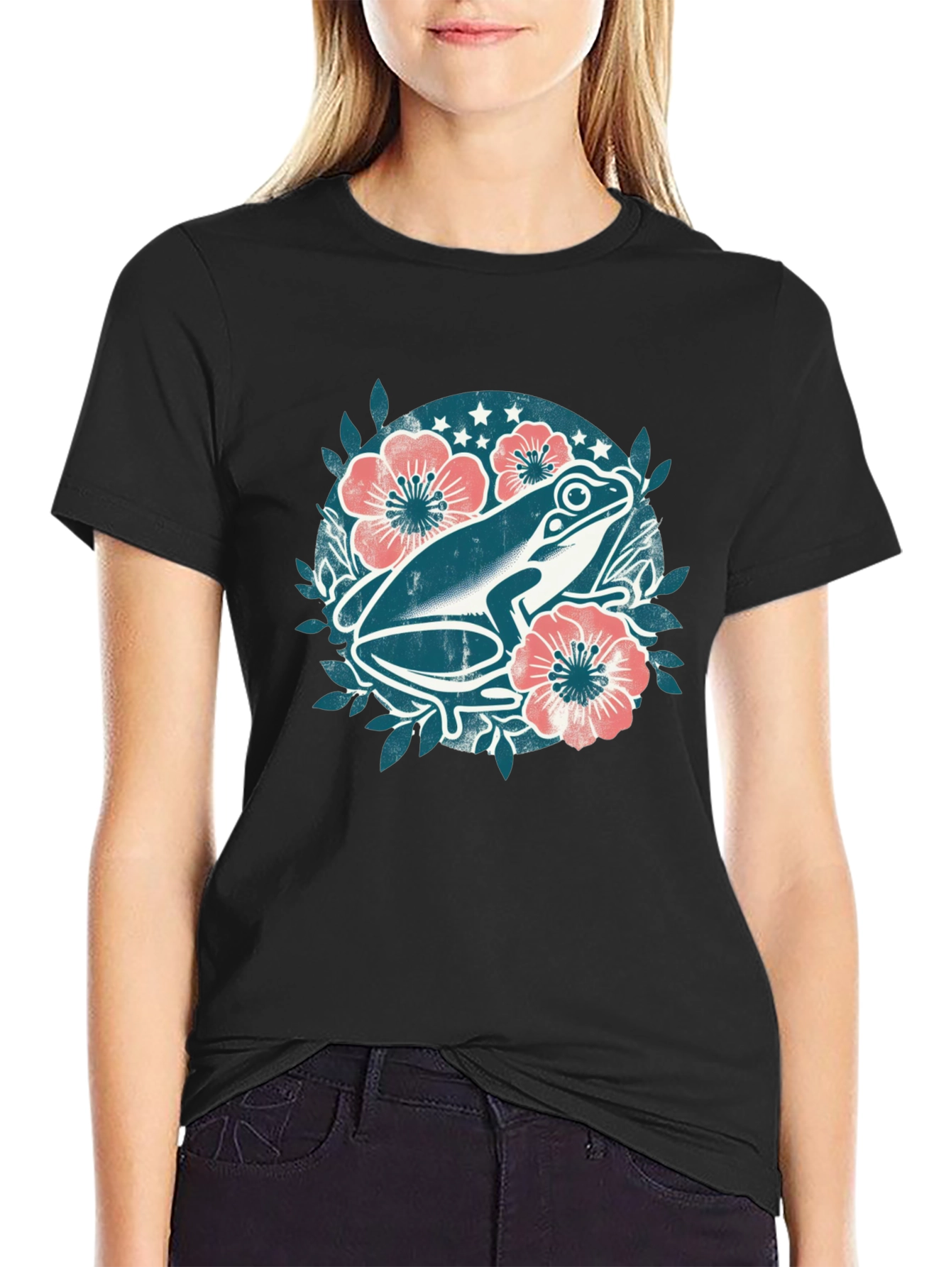 Frog Floral Graphic Tee - Black Cotton T-Shirt