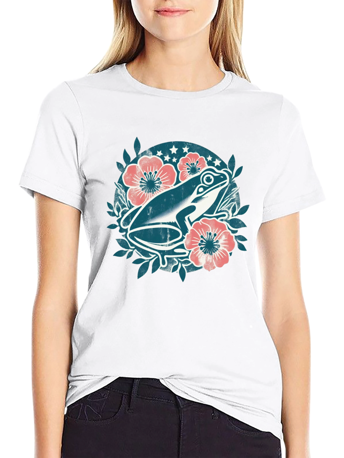 Frog Floral Graphic Tee - Black Cotton T-Shirt