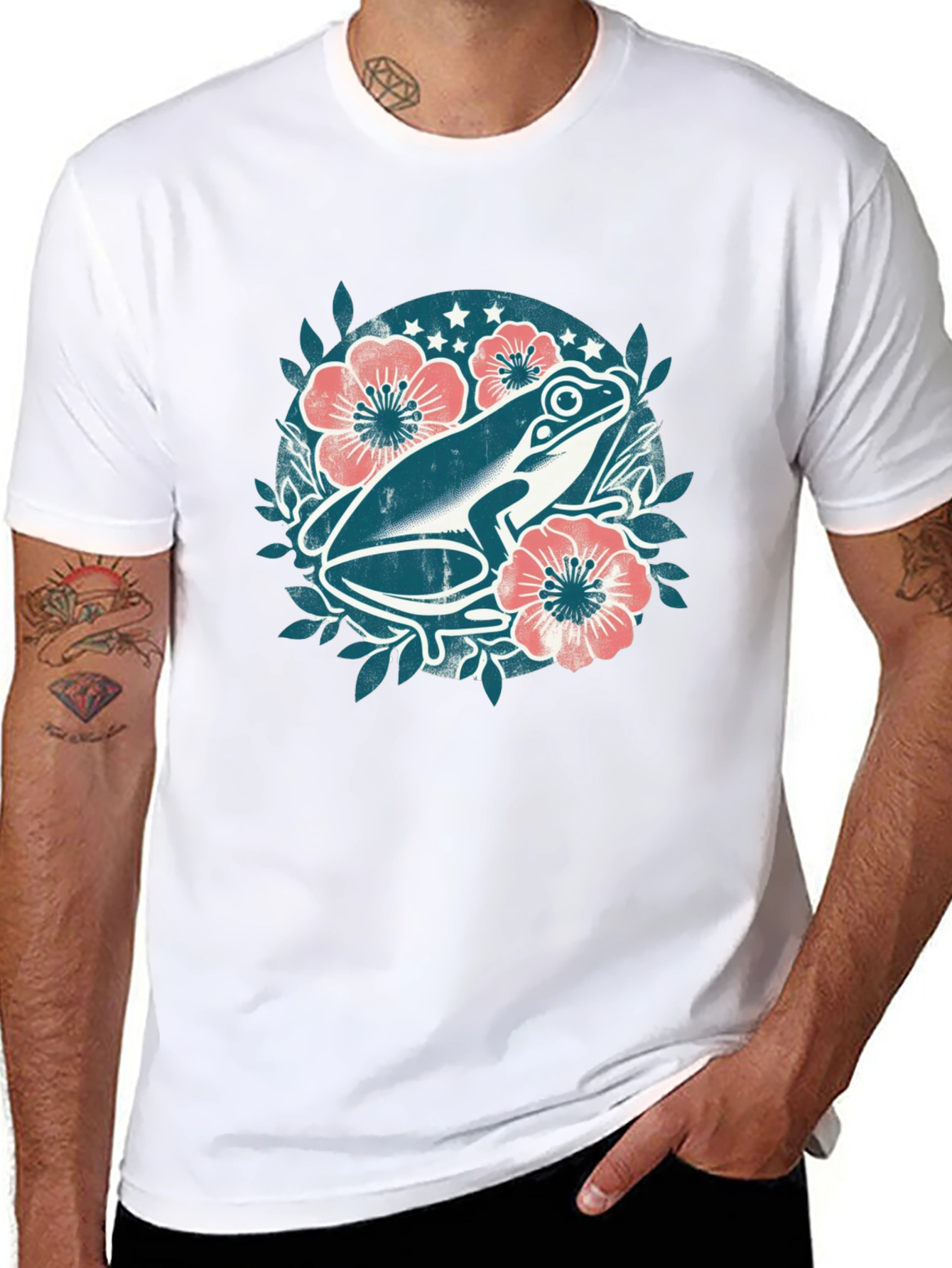 Frog Floral Graphic Tee - Black Cotton T-Shirt
