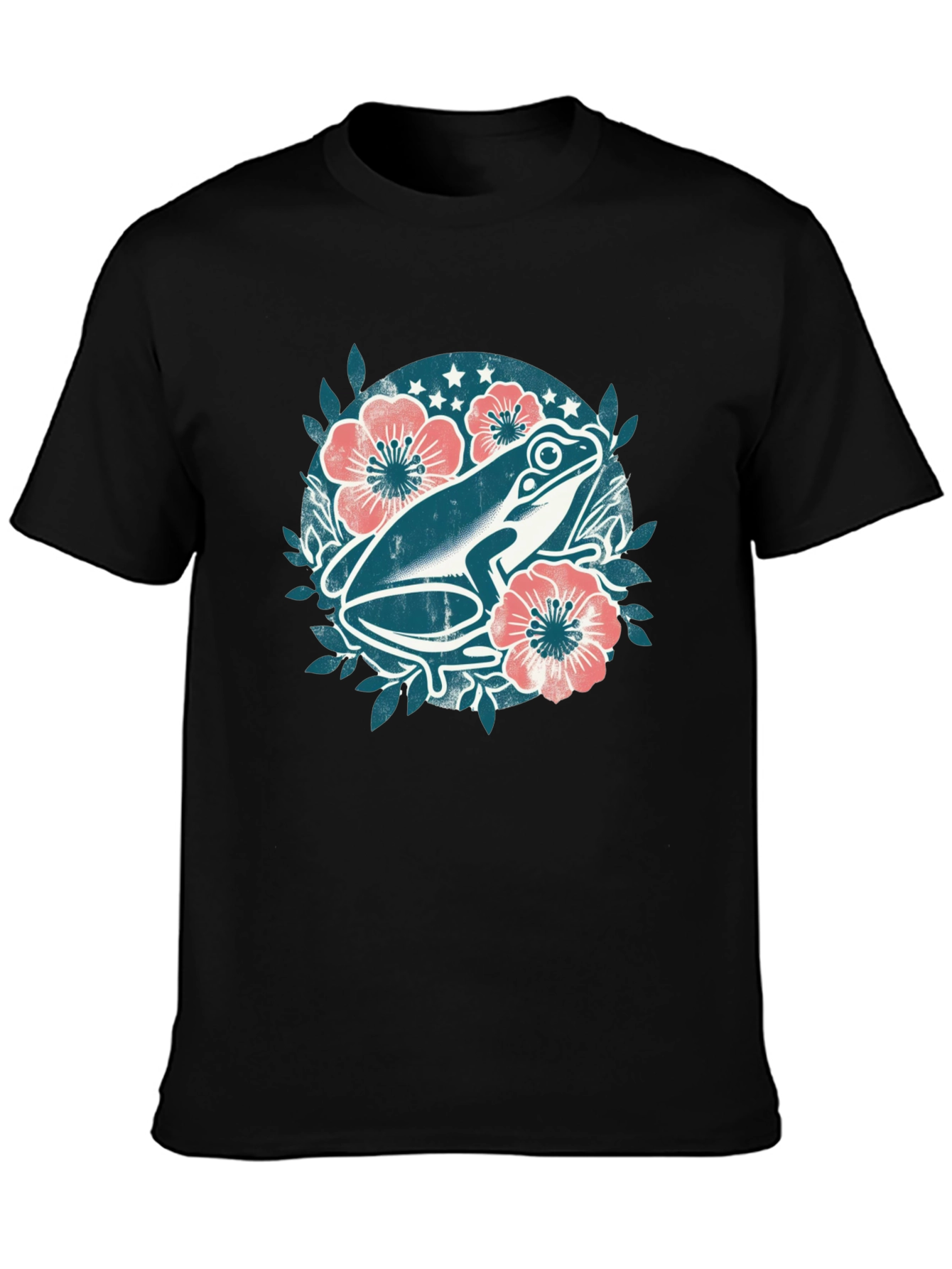 Frog Floral Graphic Tee - Black Cotton T-Shirt