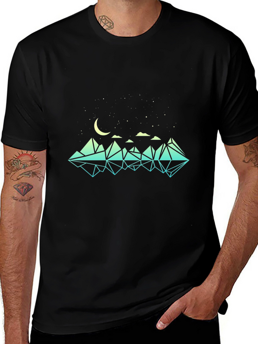 Geometric Mountain & Moon Graphic Black T-Shirt
