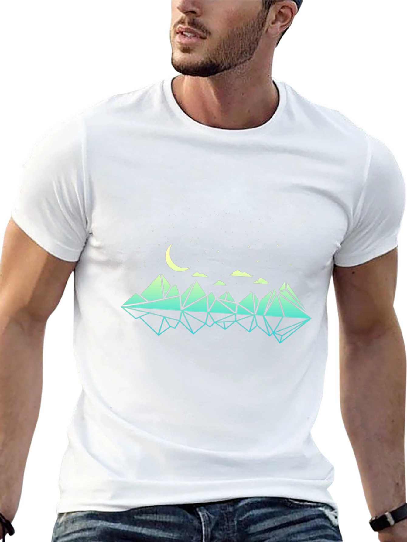 Geometric Mountain & Moon Graphic Black T-Shirt