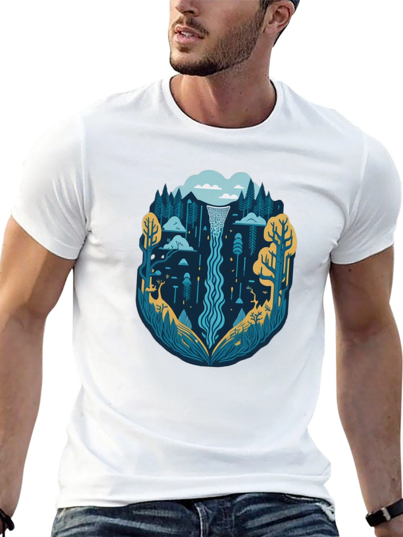 Nature Waterfall Graphic Tee - Stylish Black T-Shirt