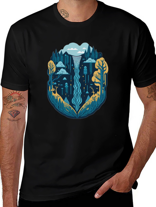Nature Waterfall Graphic Tee - Stylish Black T-Shirt