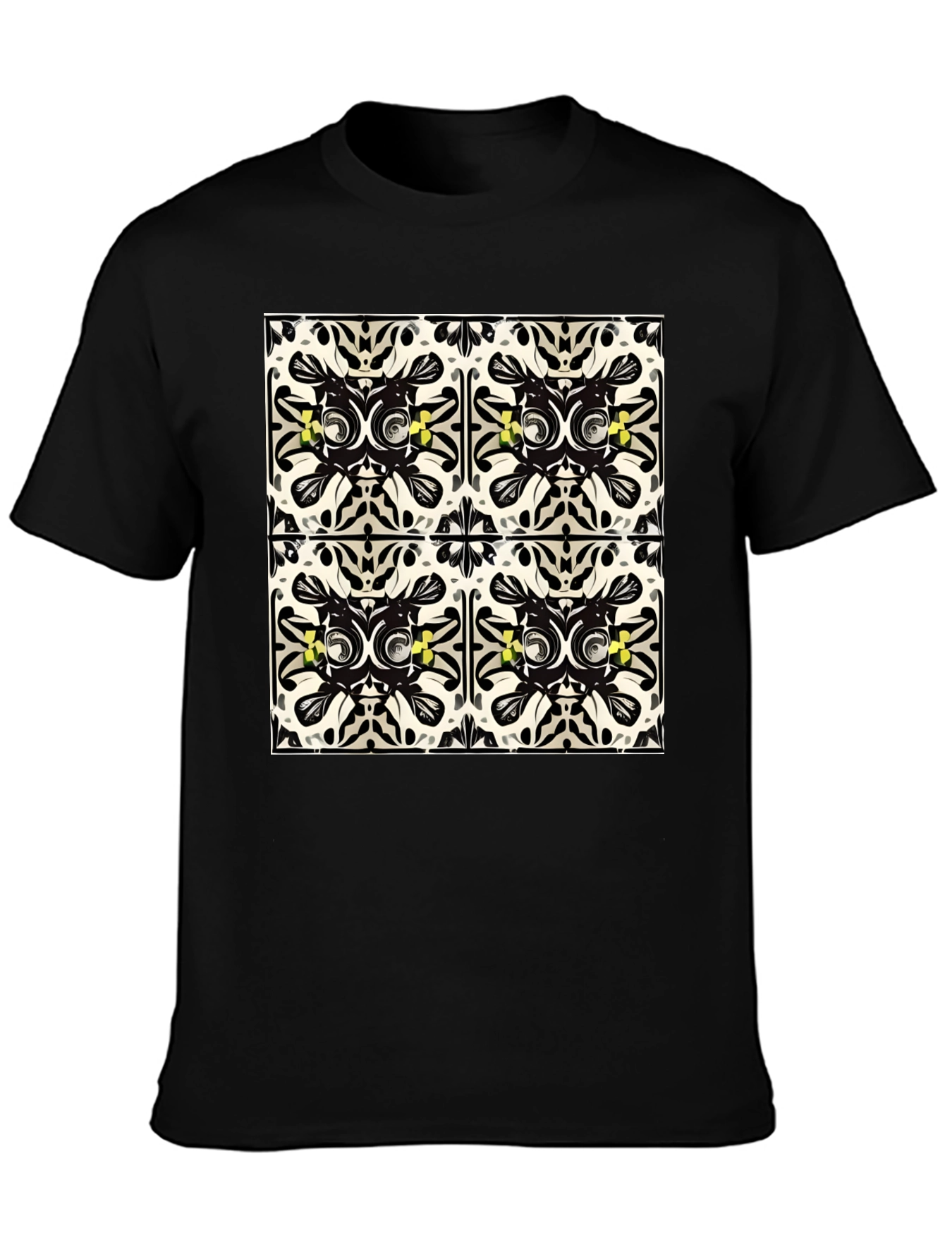 Geometric Tile Print Black T-Shirt