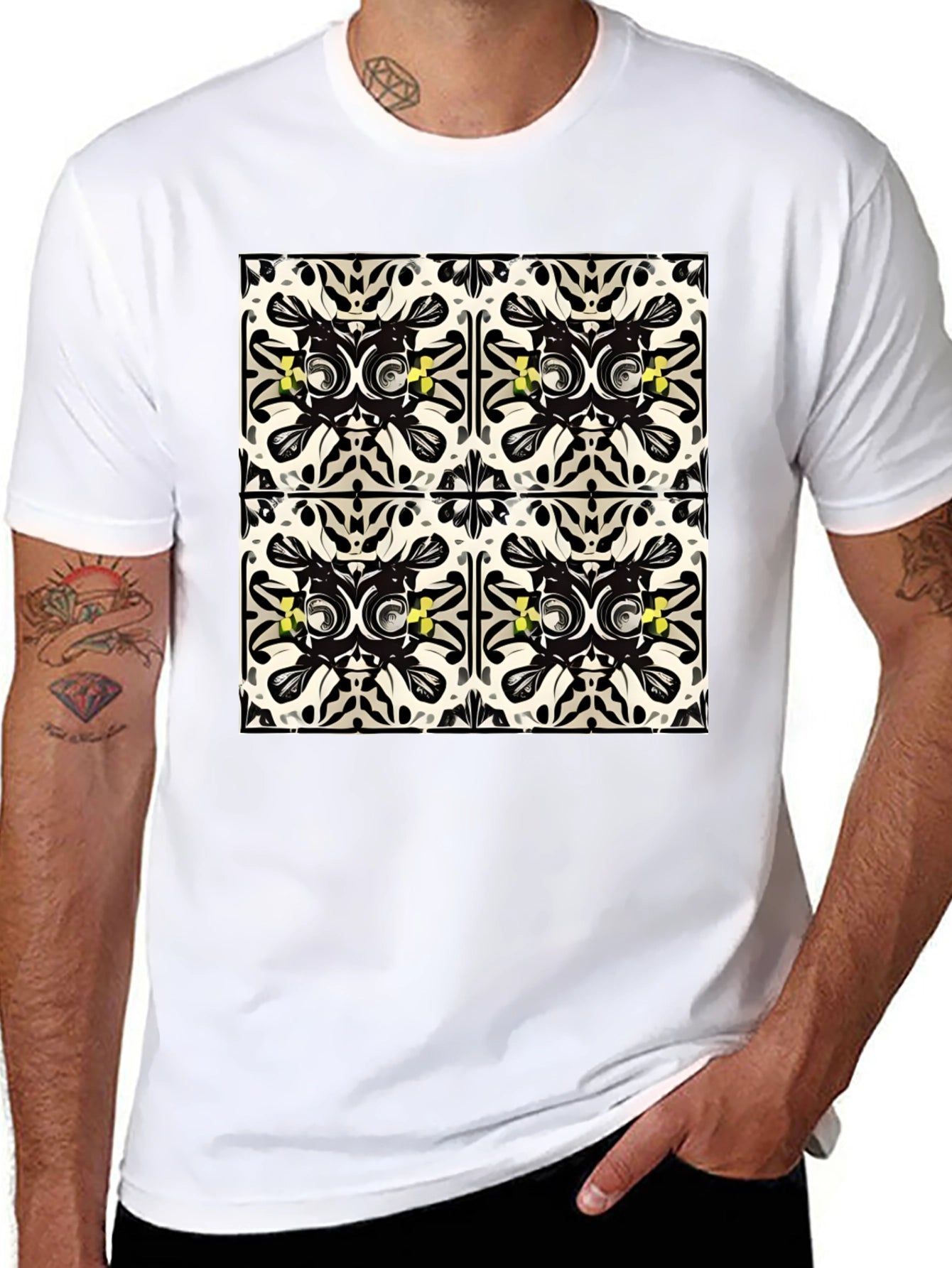 Geometric Tile Print Black T-Shirt