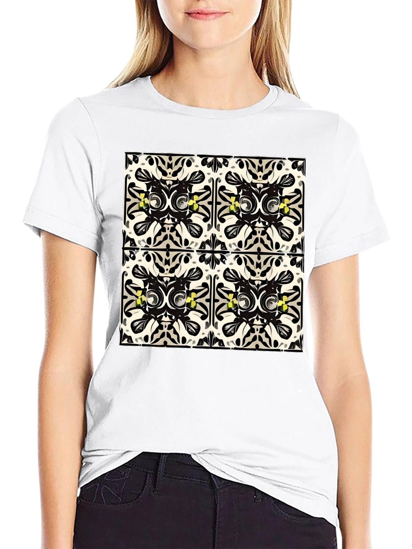 Geometric Tile Print Black T-Shirt