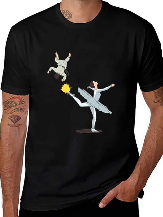 Humorous Black T-Shirt with Ballet & Karate Graphic