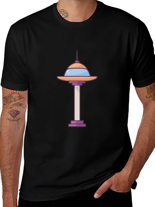 Cartoon Space Needle Black T-Shirt