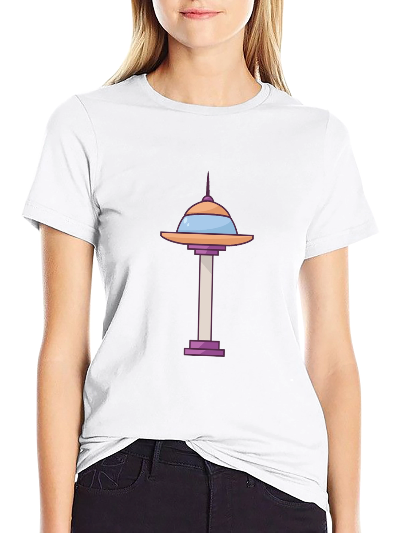 Cartoon Space Needle Black T-Shirt