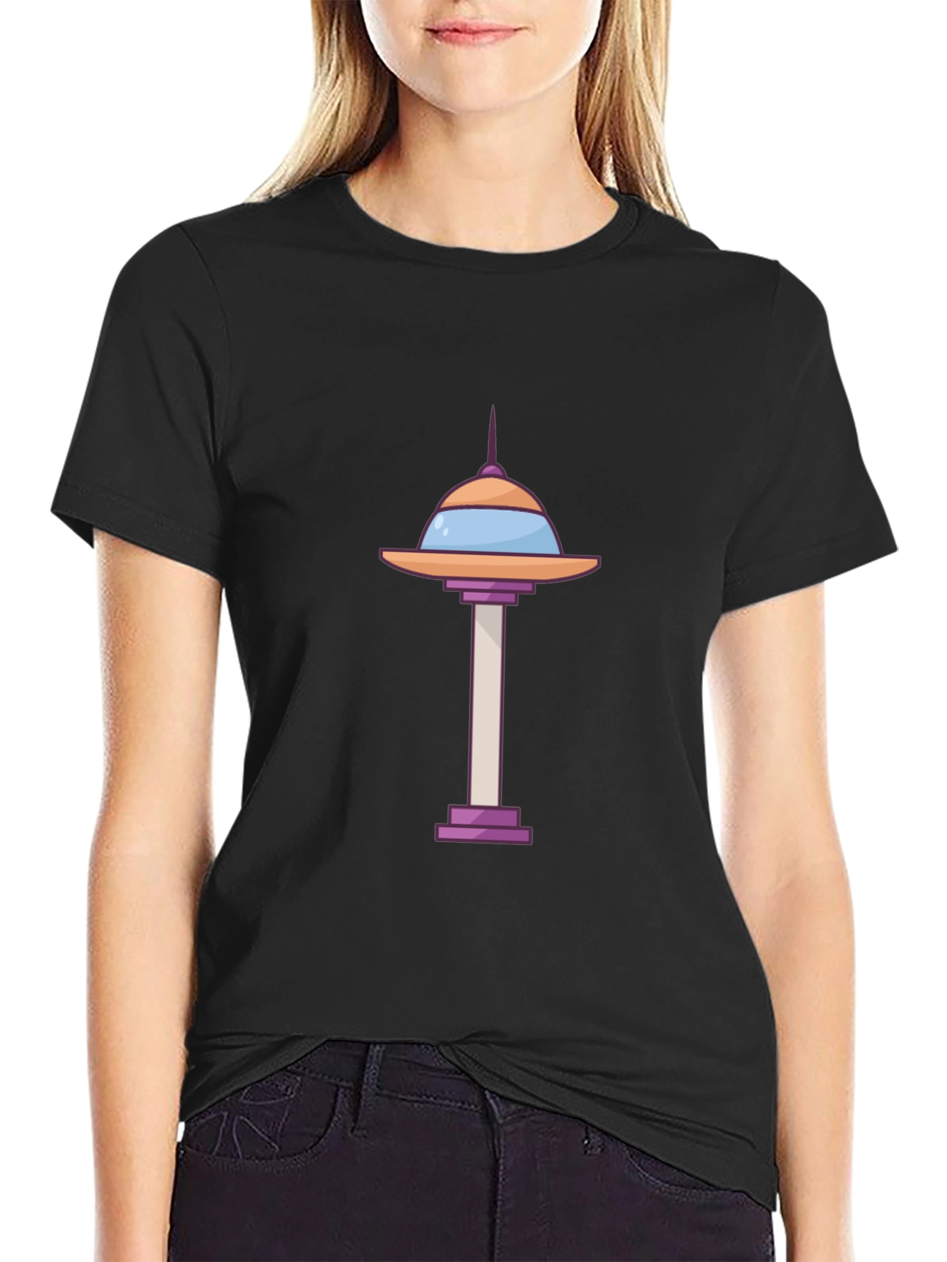 Cartoon Space Needle Black T-Shirt