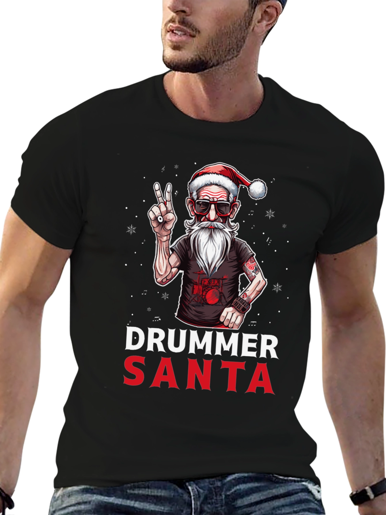 Drummer Santa T-Shirt - Festive Rock Style