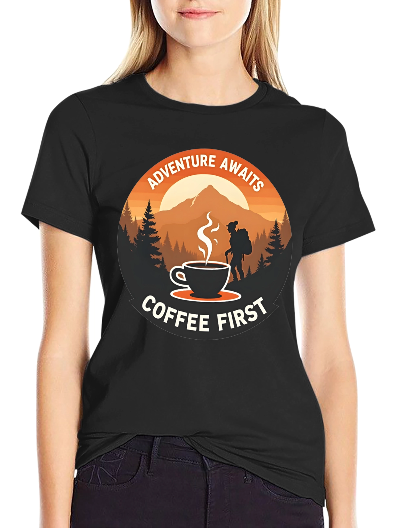 Adventure Awaits Coffee First Graphic Tee