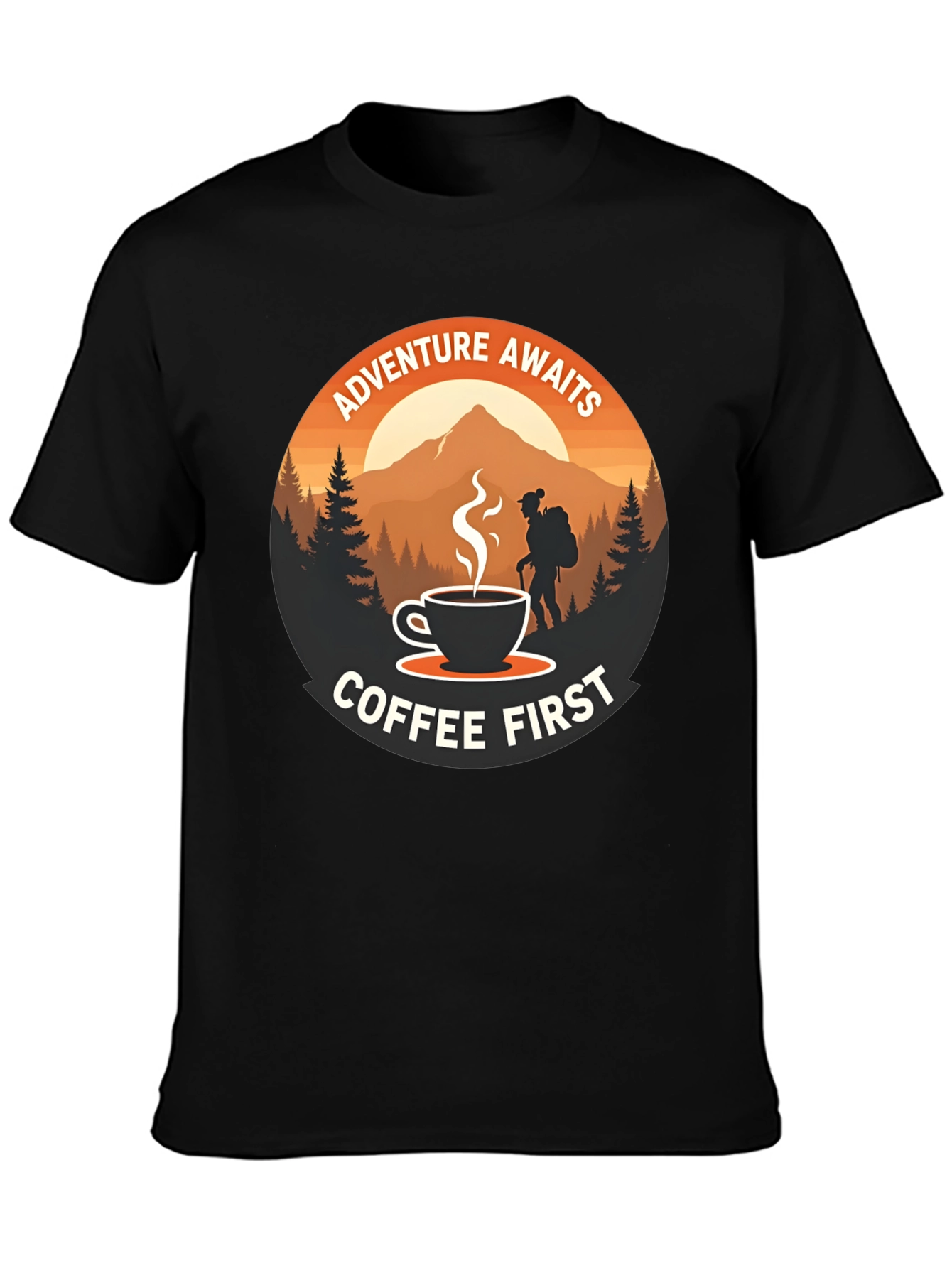 Adventure Awaits Coffee First Graphic Tee