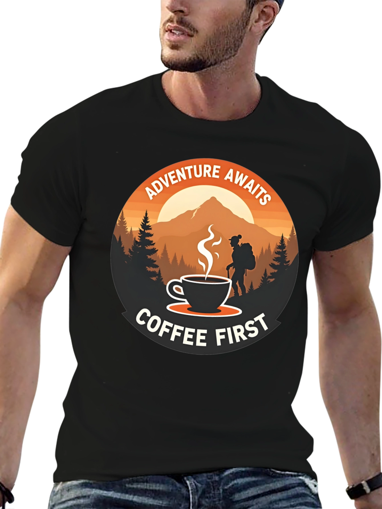 Adventure Awaits Coffee First Graphic Tee