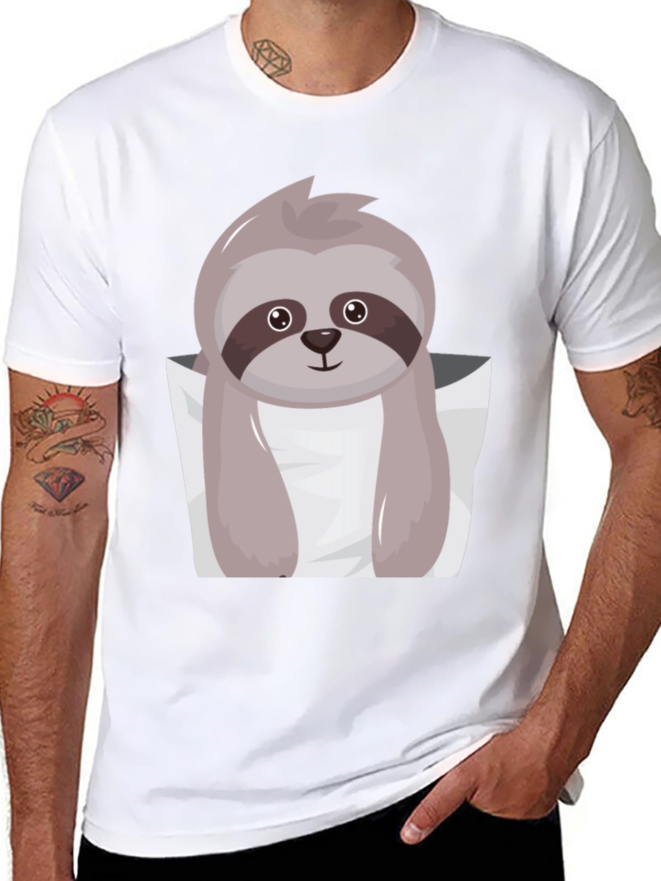 Cute Sloth Pocket Tee - Black Cotton Casual