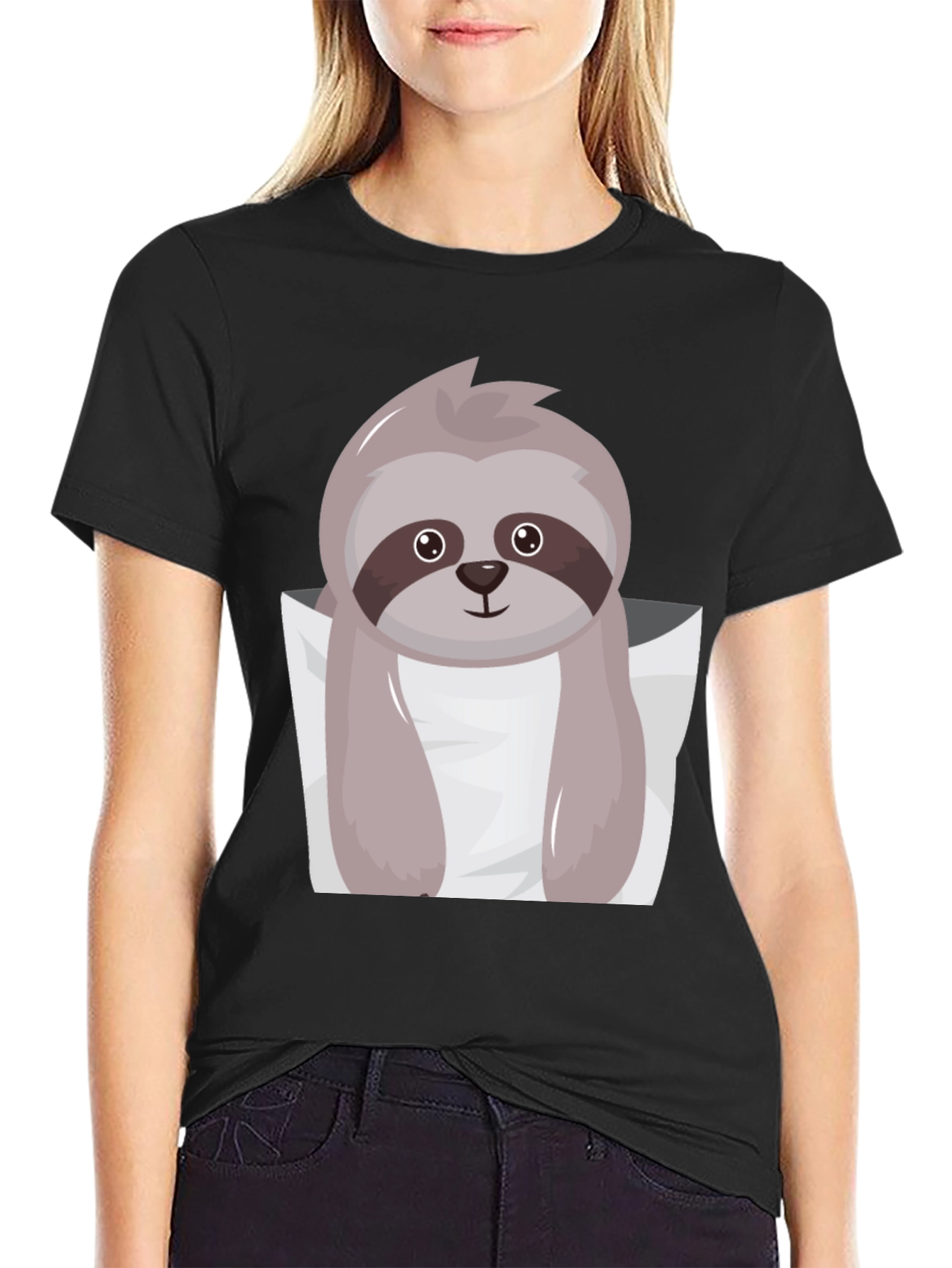 Cute Sloth Pocket Tee - Black Cotton Casual