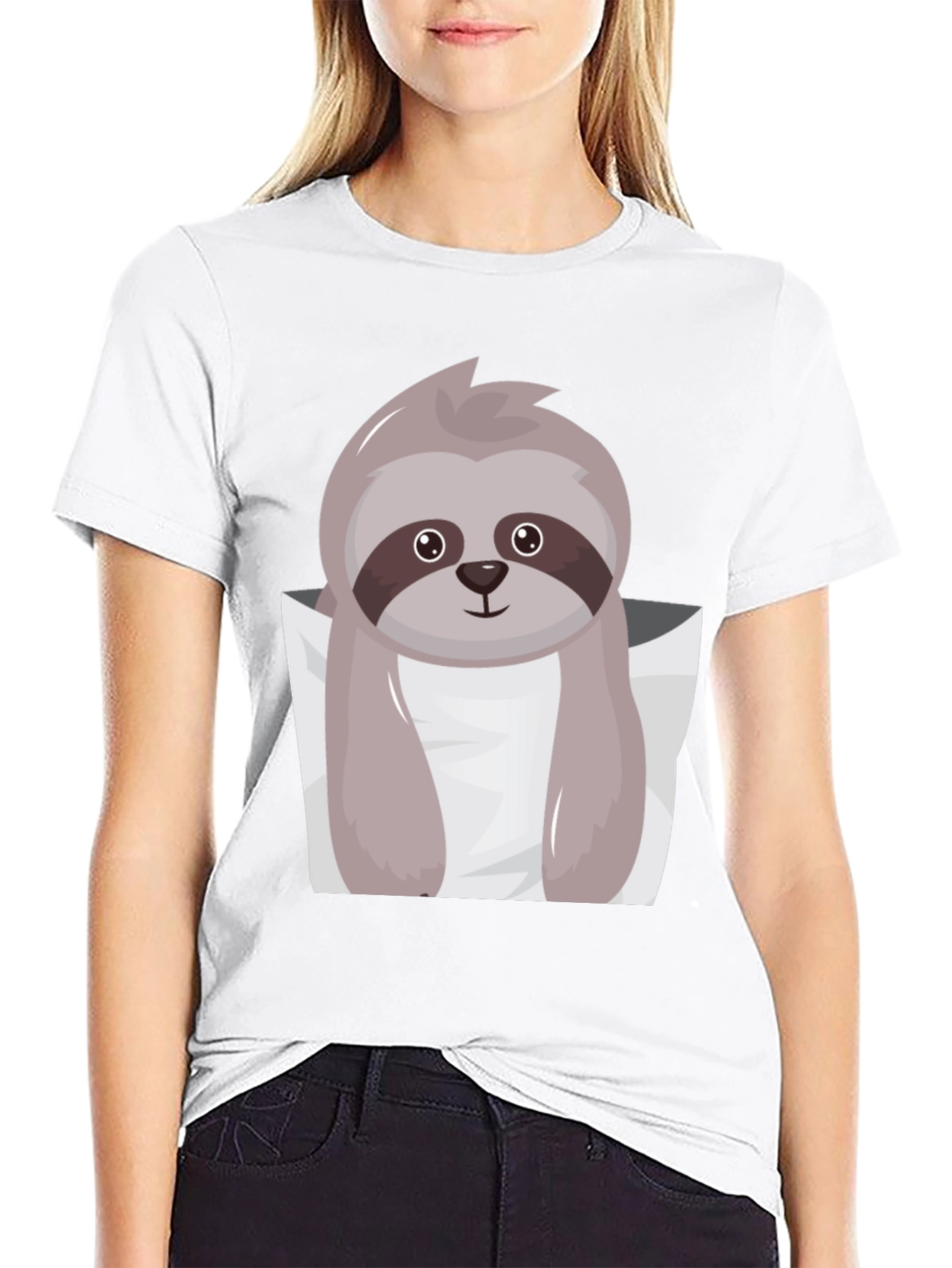 Cute Sloth Pocket Tee - Black Cotton Casual