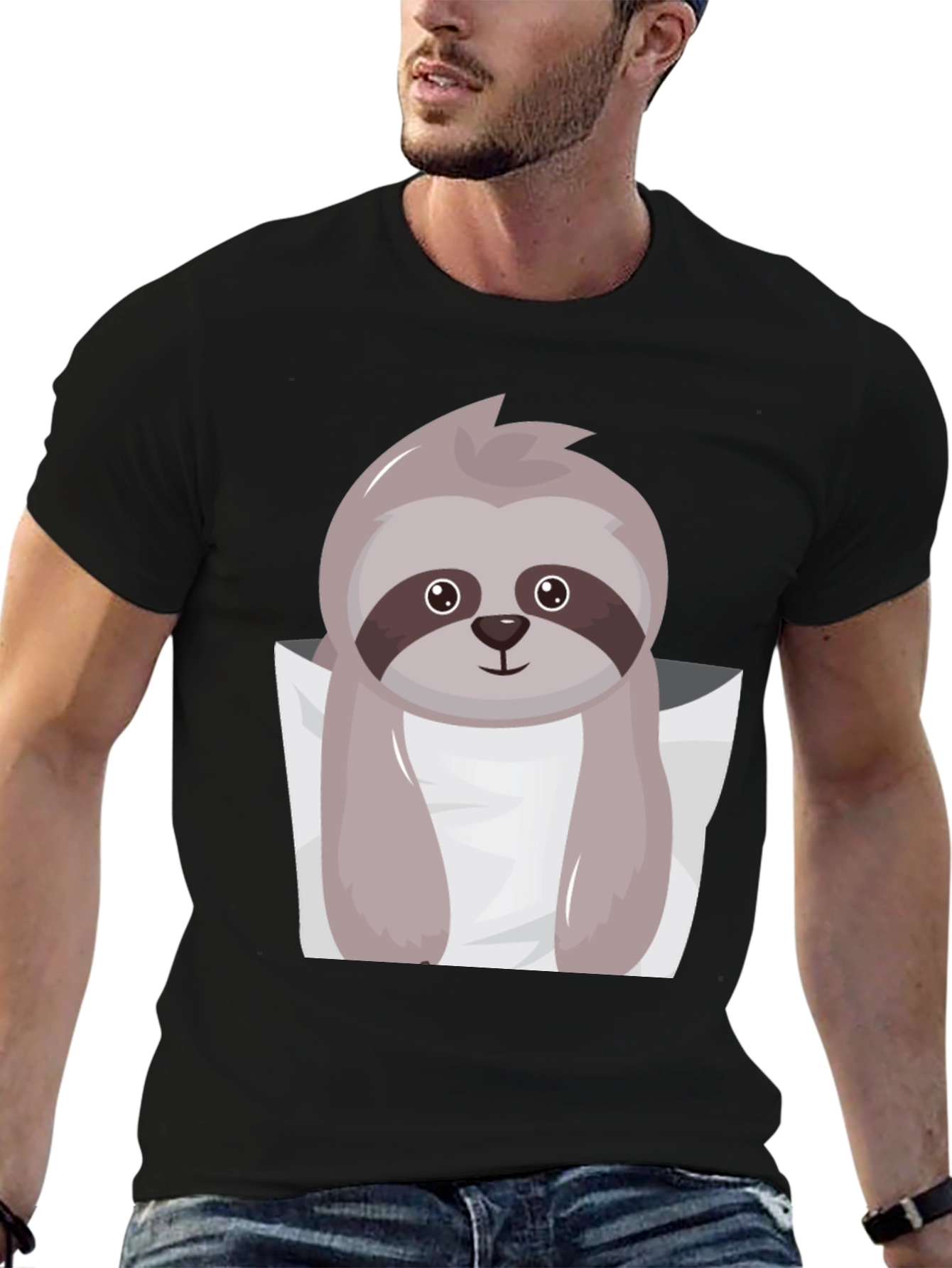 Cute Sloth Pocket Tee - Black Cotton Casual