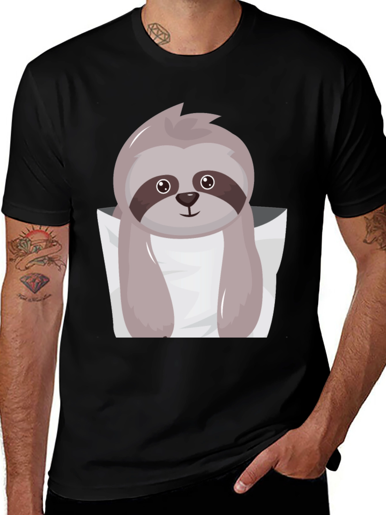 Cute Sloth Pocket Tee - Black Cotton Casual