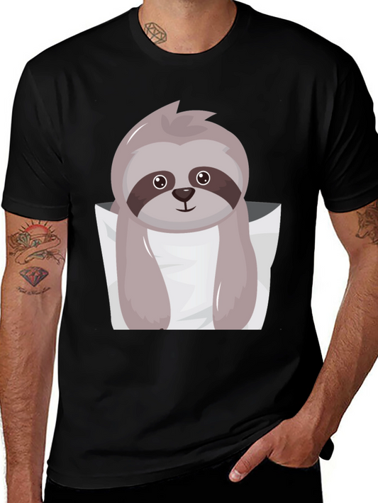 Cute Sloth Pocket Tee - Black Cotton Casual