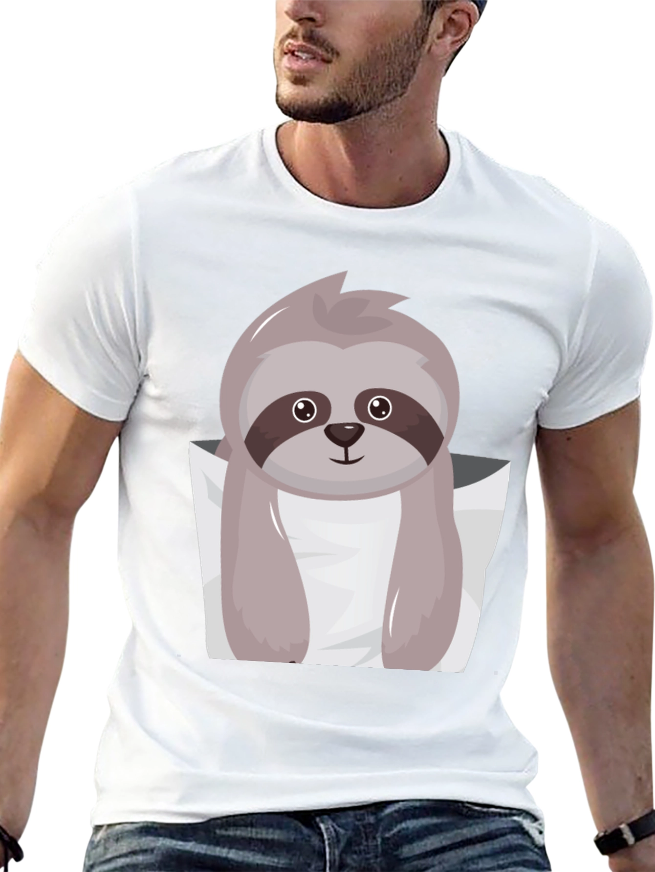Cute Sloth Pocket Tee - Black Cotton Casual