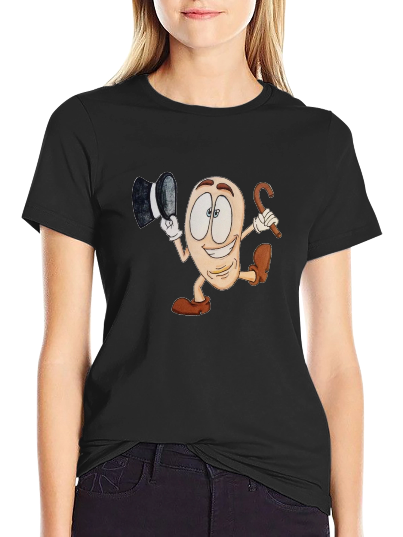 Cartoon Bean Character Black T-Shirt