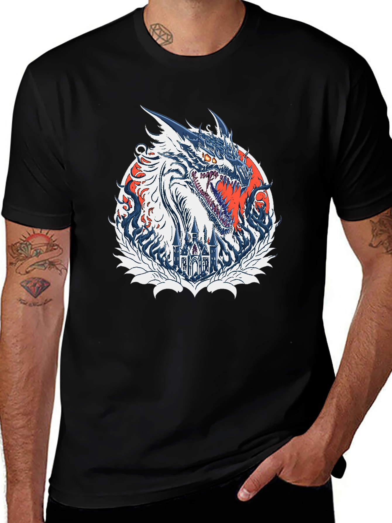 Dragon Castle Graphic Print Black T-Shirt