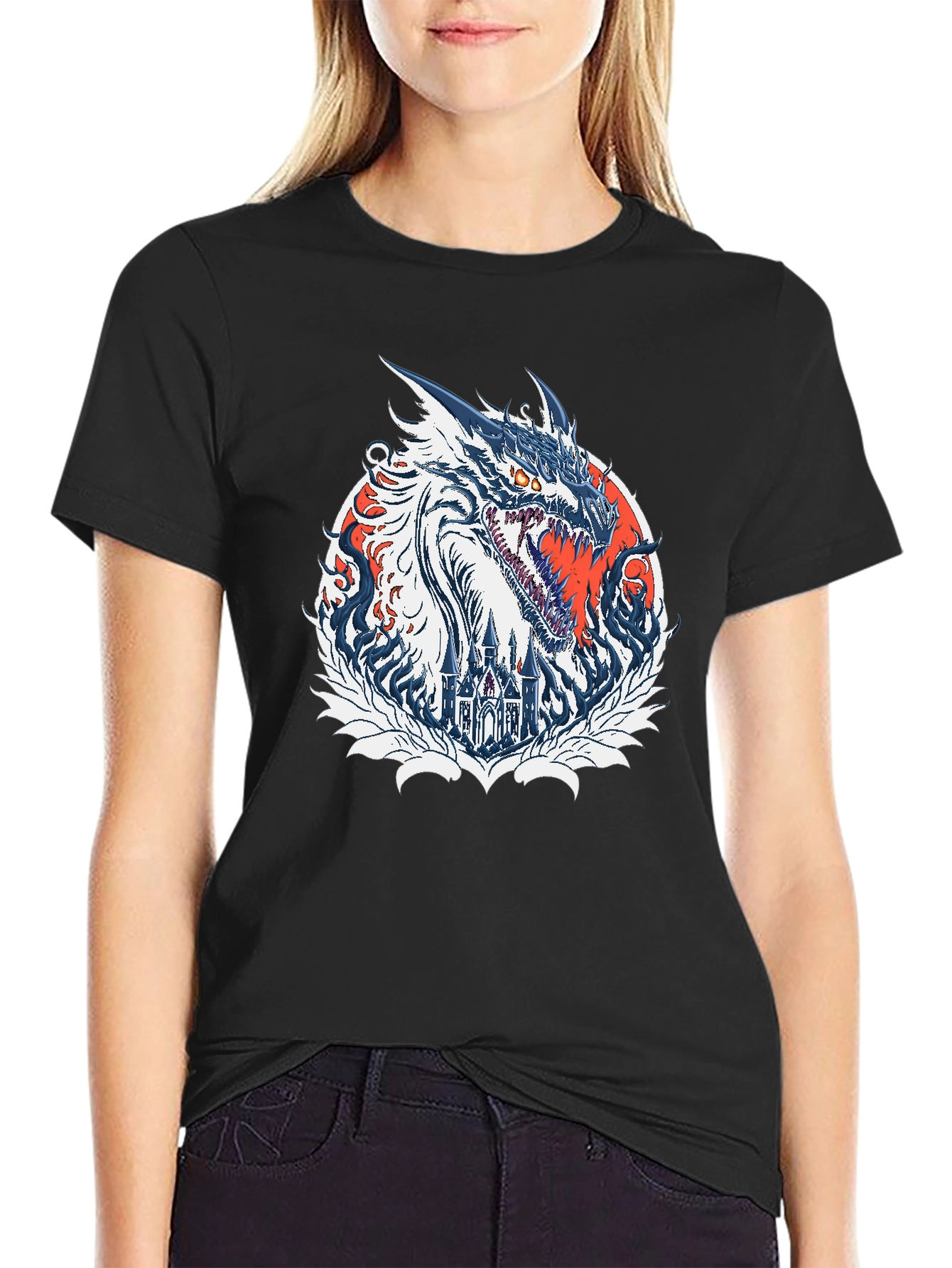 Dragon Castle Graphic Print Black T-Shirt