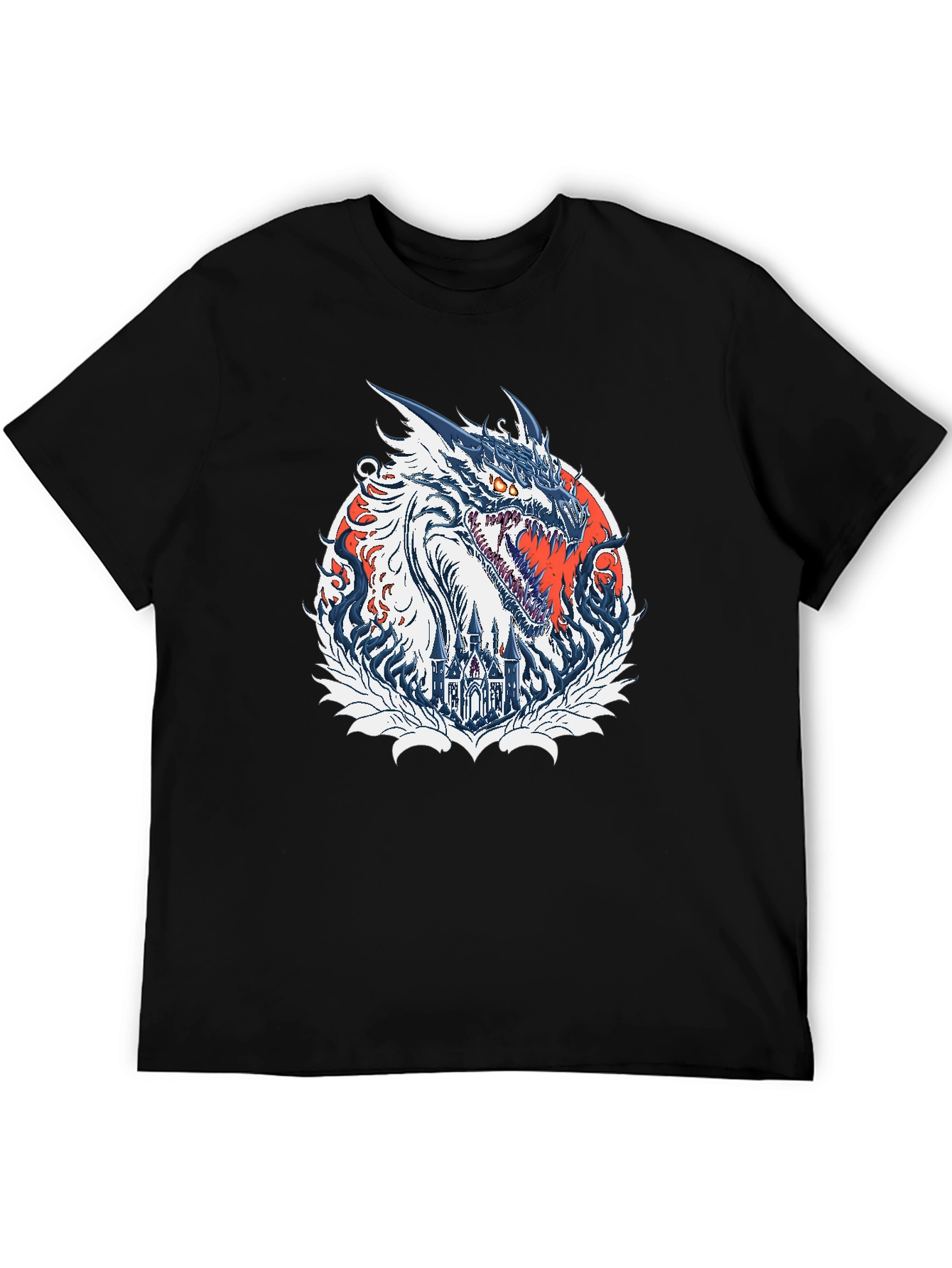 Dragon Castle Graphic Print Black T-Shirt