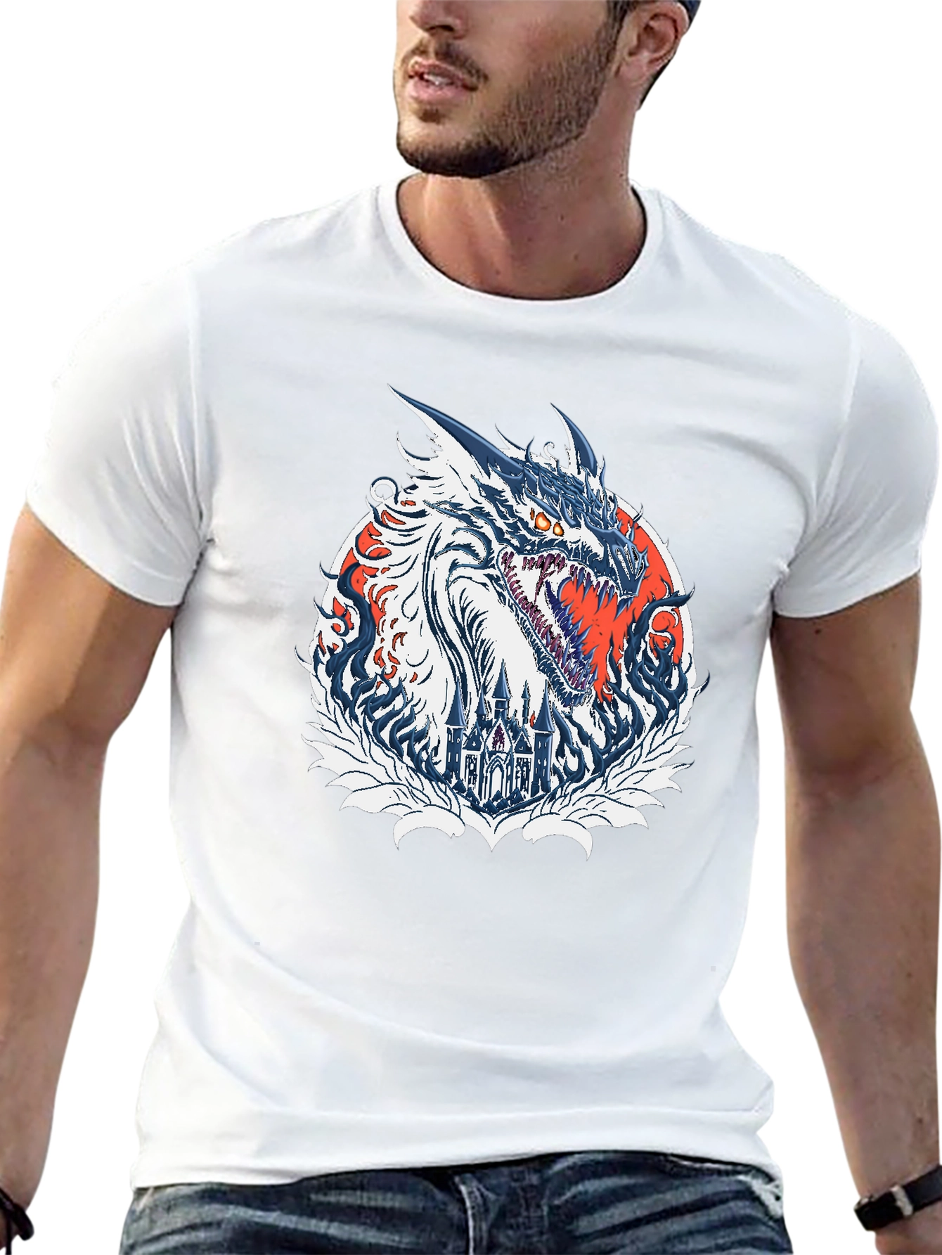 Dragon Castle Graphic Print Black T-Shirt