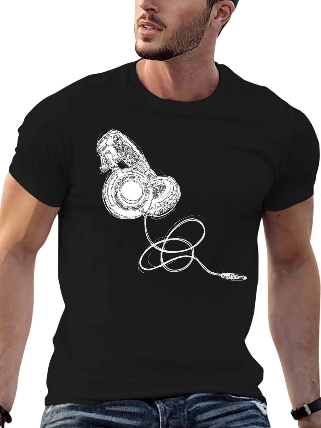 Black T-Shirt with Headphone Graphic Print