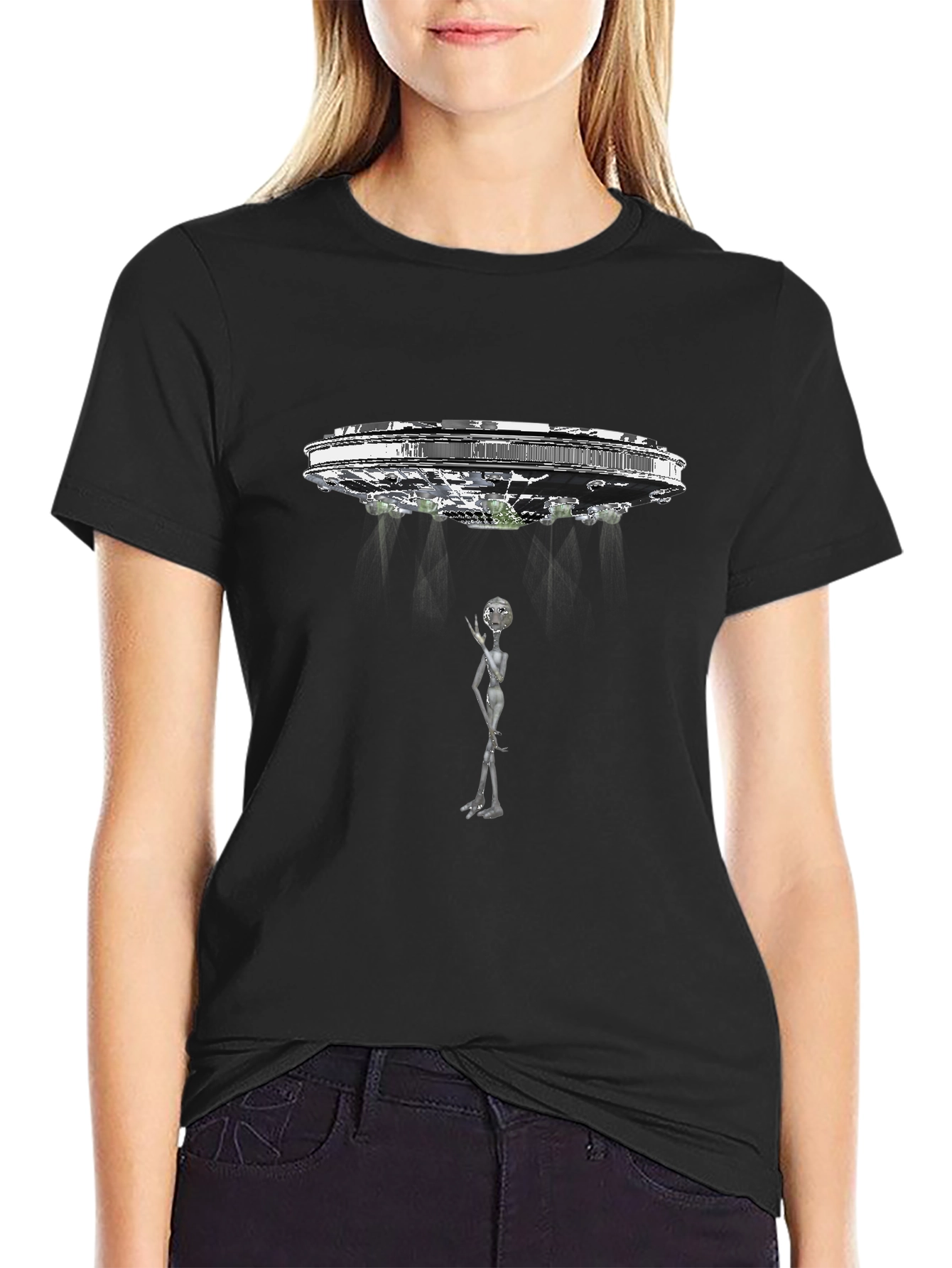 UFO Abduction Graphic Tee - Black Cotton T-Shirt