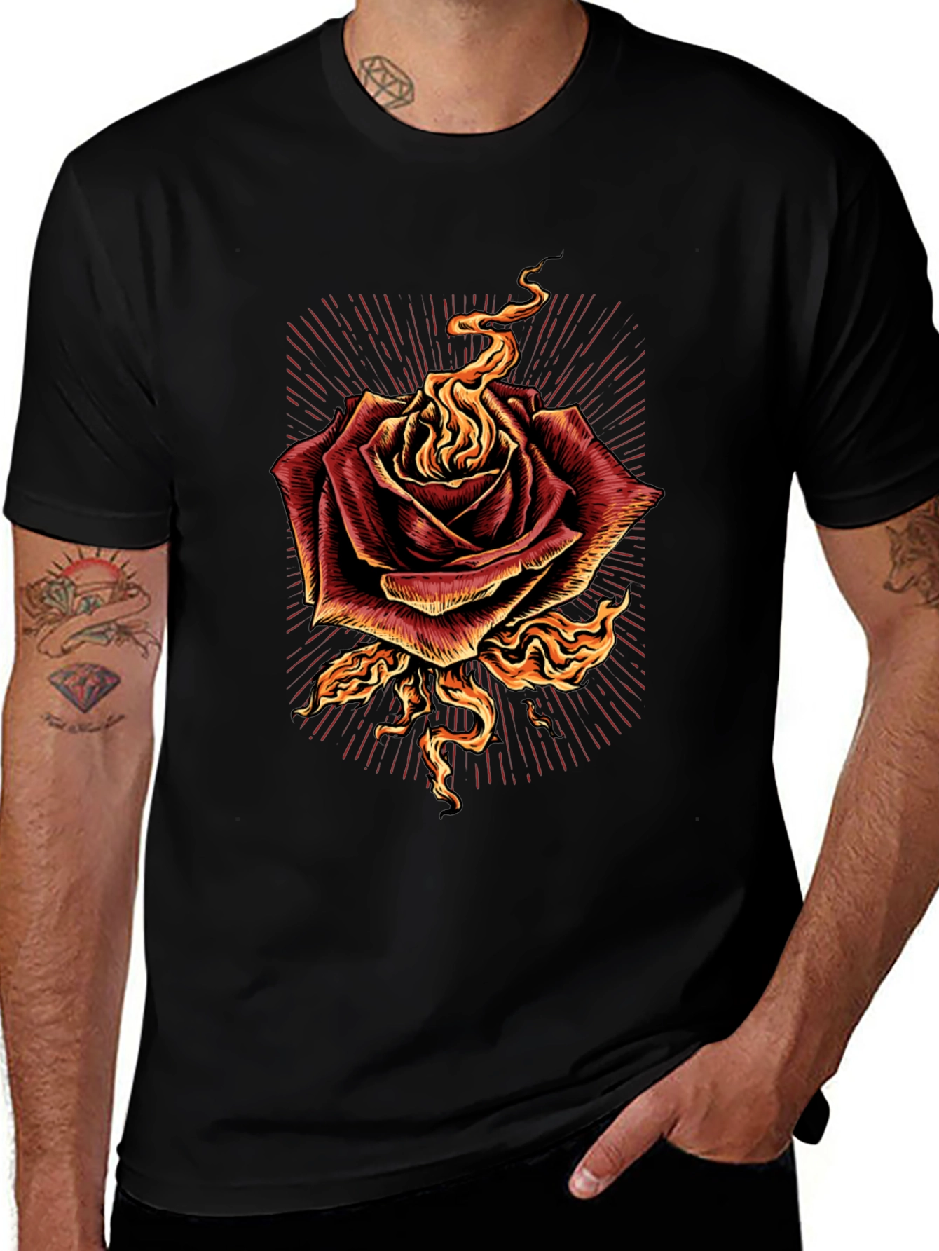 Burning Rose Graphic Tee - Bold Black T-Shirt