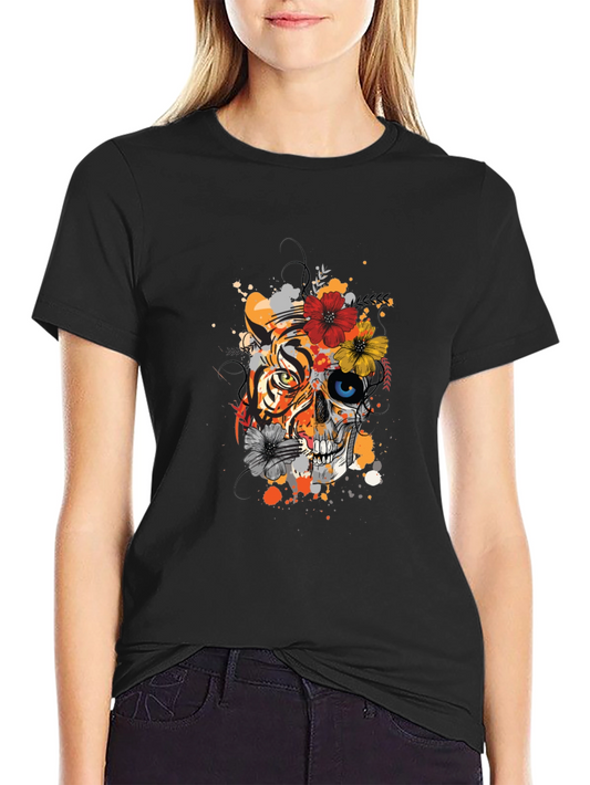 Floral Skull Tiger Graphic Black T-Shirt