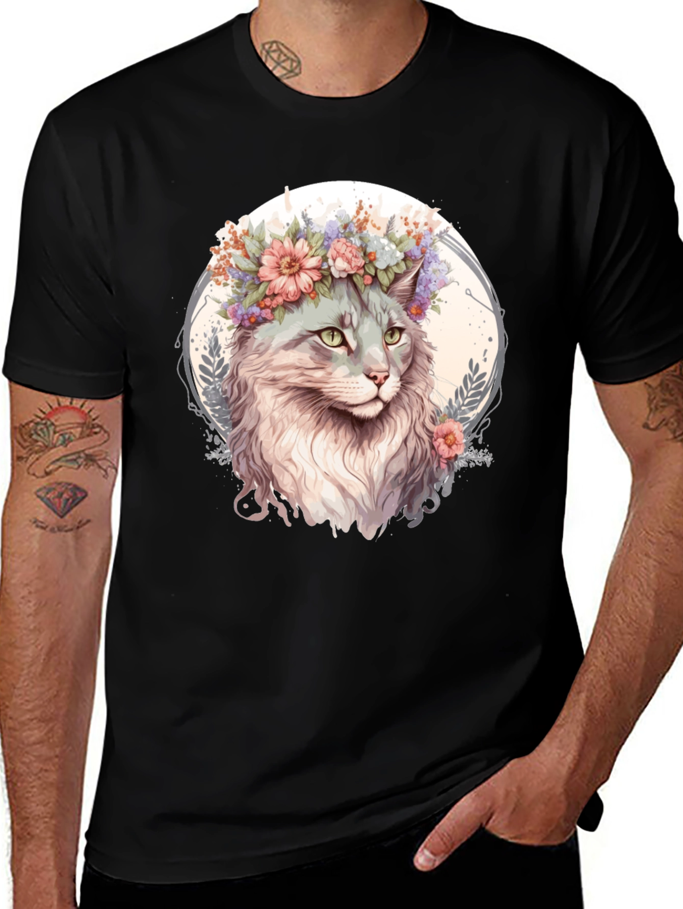 Cat with Flowers Graphic Tee
