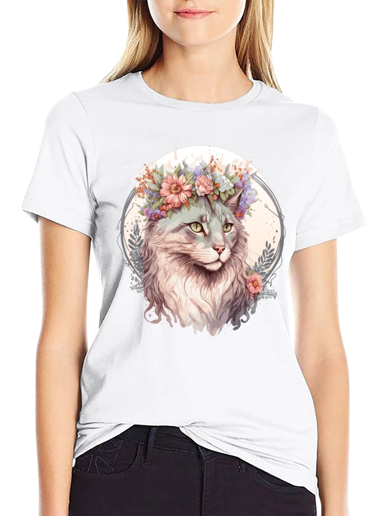 Cat with Flowers Graphic Tee