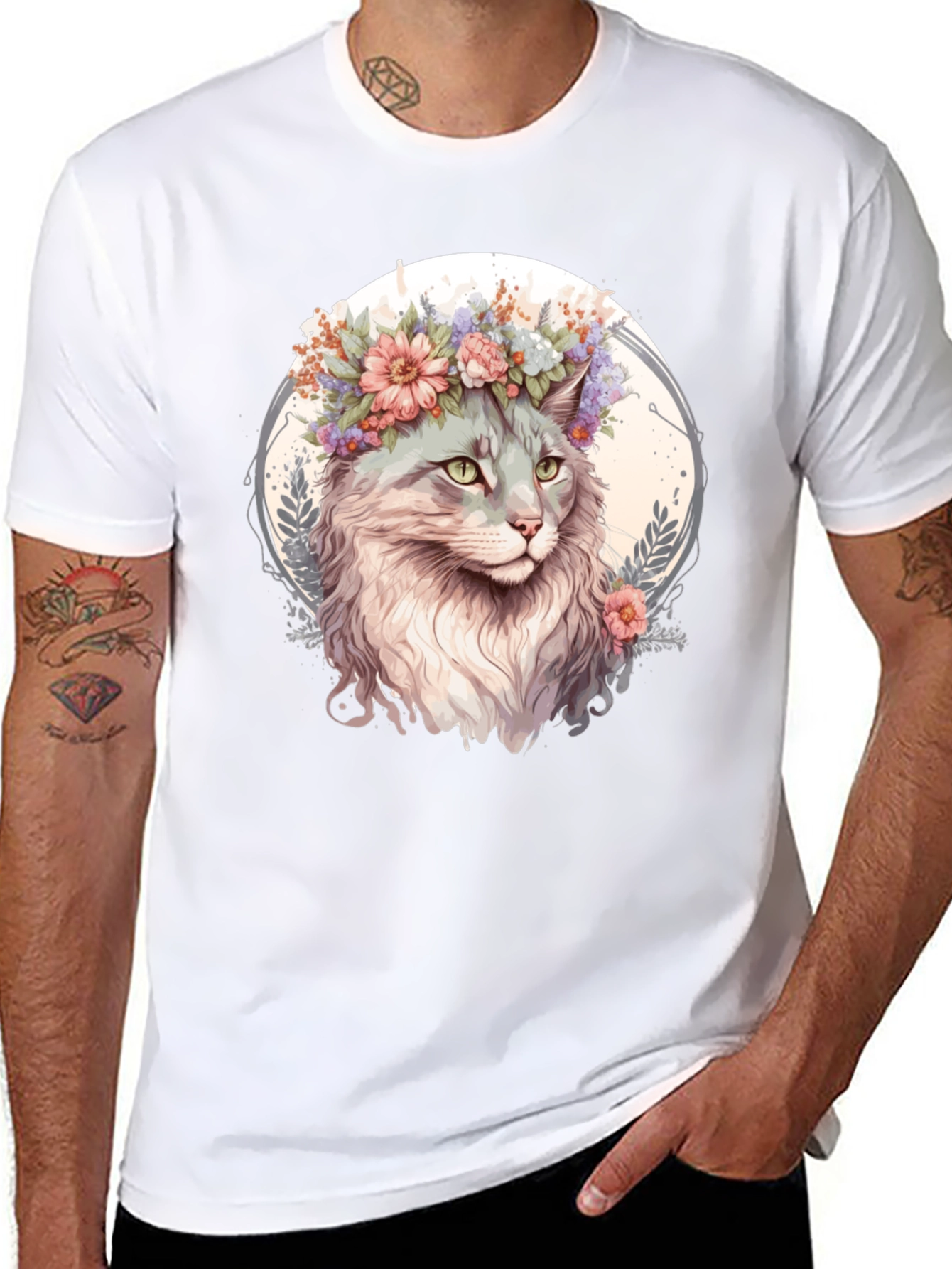 Cat with Flowers Graphic Tee